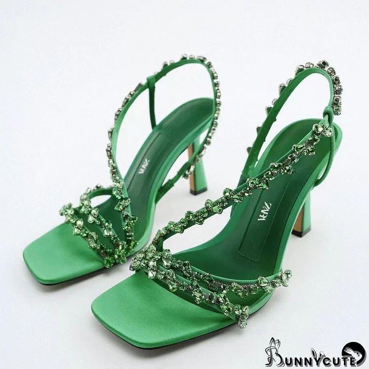 Summer Women's Shoes Blue Green Beaded Strap High Heel Sandals
