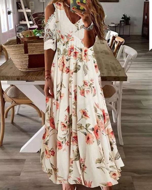 Casual V Neck Floral Print Long Dress - Chicaggo