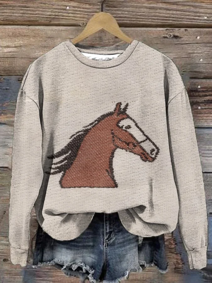 Women's Vintage Western Horses Print Casual Sweatshirt