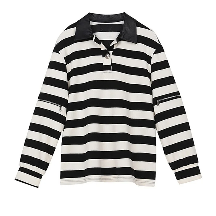 Urban Leather Lapel Striped Long Sleeve Splicing Zipper Hollow Out T-shirt