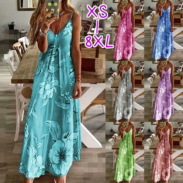 XS-8XL Plus Size Fashion Dresses Summer Clothes Women's Casual Spaghetti Strap Sleeveless Dress V-neck Long Dresses Ladies Loose Cotton Dress Floral Printed Halter Beach Wear Party Dress