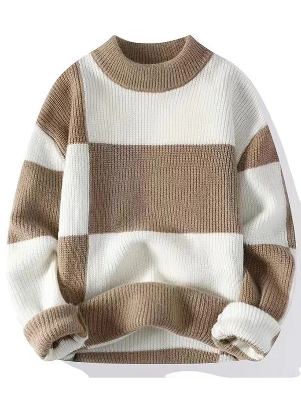 Men's Casual Colorblock Round Neck Loose Pullover Sweater