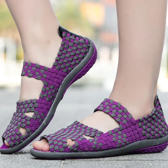 Women's Summer Woven Color Block Stretch Lightweight Flat Sandals