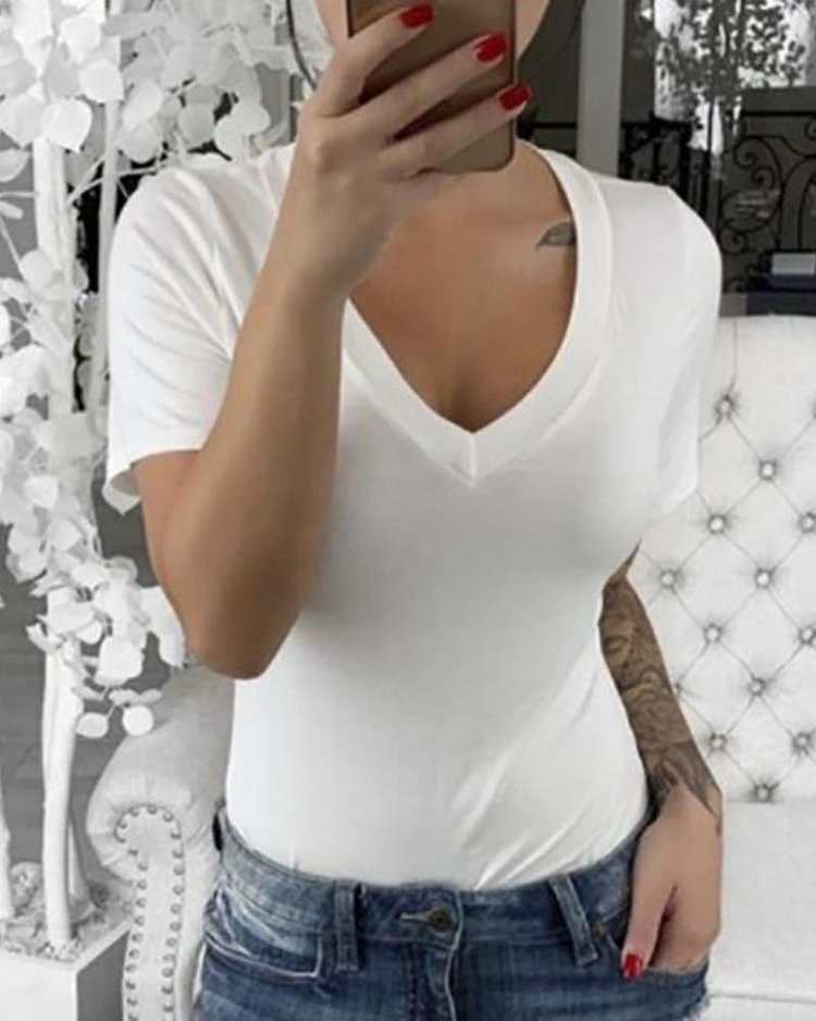 V-neck Solid Short Sleeve Casual T-shirt P16345