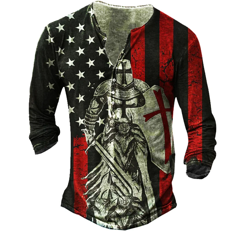 Crusader American Flag Men's Vintage Henley Button Long Sleeve Shirt / [viawink] /