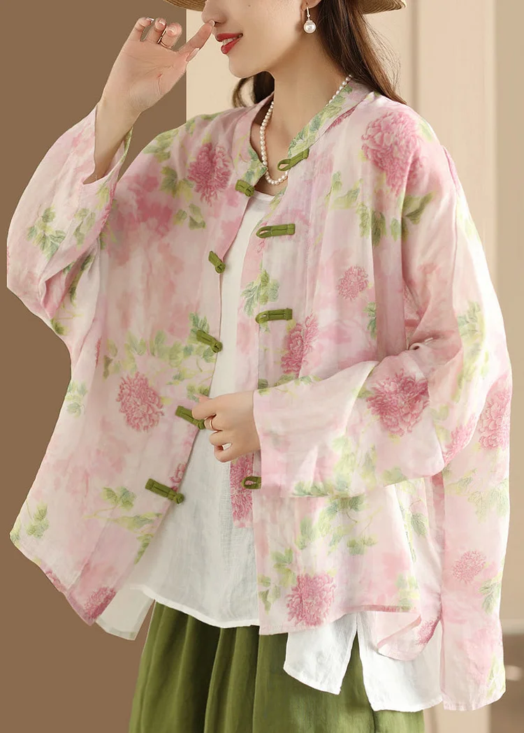 Vintage Pink Oversized Print Linen Oriental Shirt Top Summer