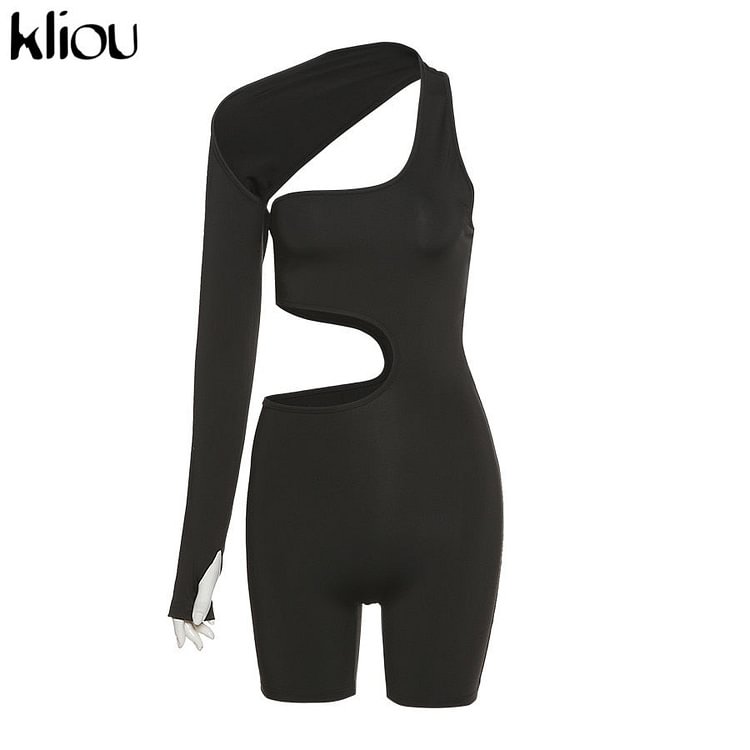 Kliou Asymmetrical Solid Women Rompers Basic Long Sleeve Casual Sportswear Streetwear Female Elastic High Waist Jumpsuits - BlackFridayBuys