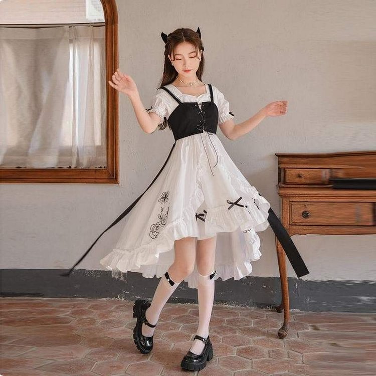 Black and White Sweet Ruffles Long Kawaii Dress SP16098