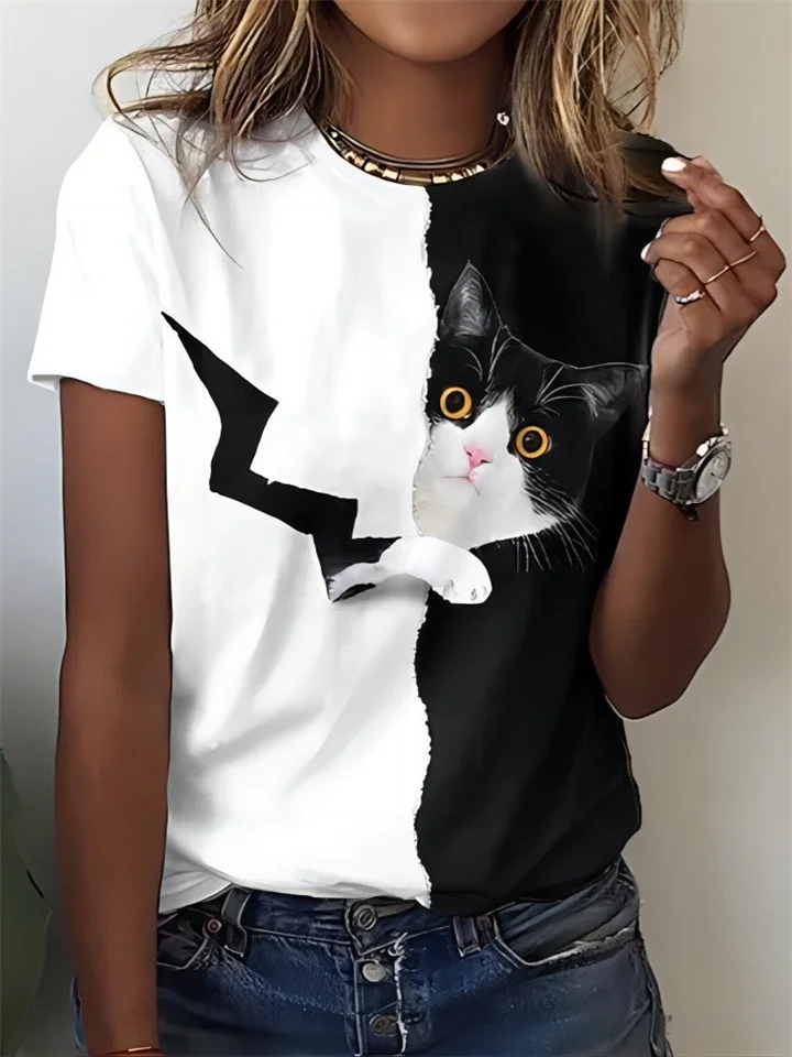 Summer Women's T-shirt Pattern Cat 3D Print Women's Tops Round Neck Regular Section-JRSEE