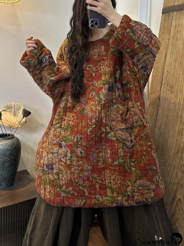 Plus Size Women Winter Ethnic Floral Print Pocket Loose Warm Coat