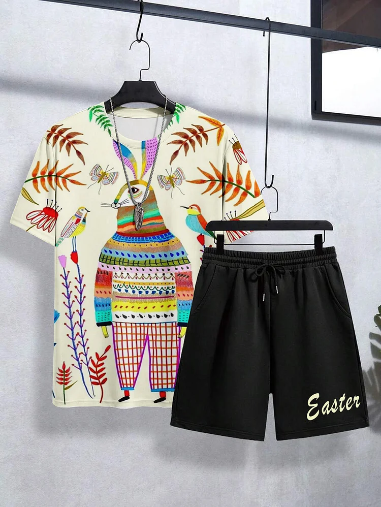 Men's Easter Rabbit Bird Flower Art Print T-Shirt Shorts Set