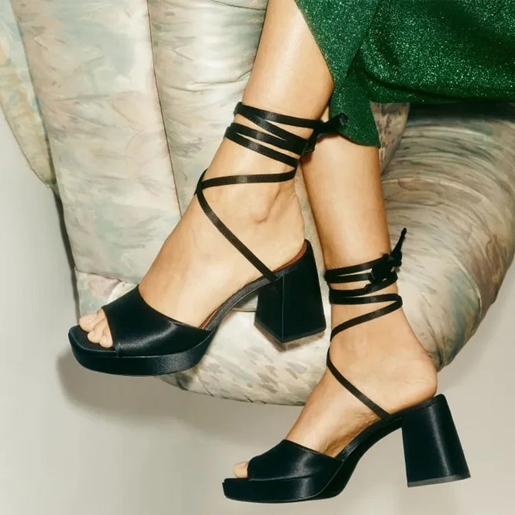 Black Satin Lace-Up Block Heel Sandals Vdcoo
