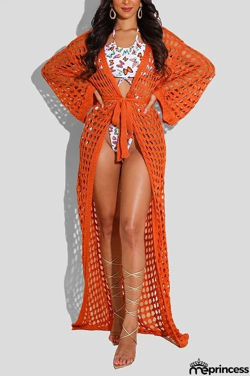 Knitted Pierced Solid Color Beach Coat