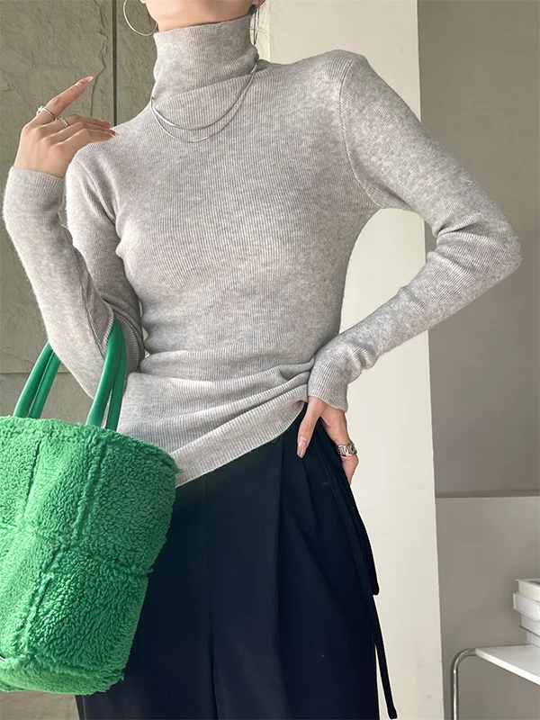 Casual Long Sleeves Skinny Pure Color High-Neck Sweater Tops