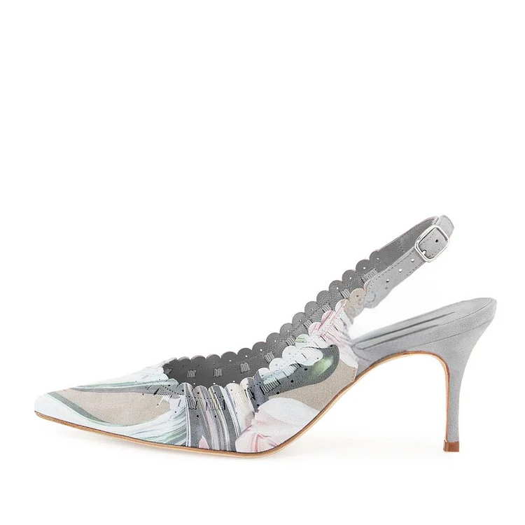 Grey Floral Heels Slingback Pumps Vdcoo