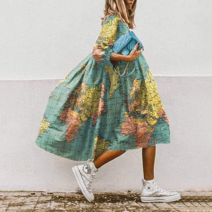Comstylish Map Print A Hem Vacation Midi Dress