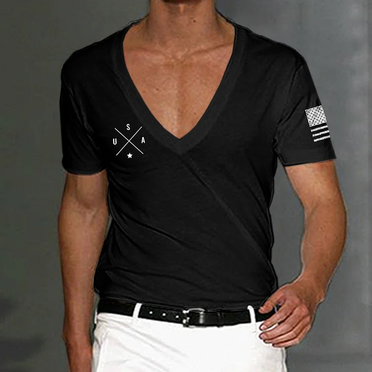 Men's Flag Print Patriotic Independence Day Casual Deep V Neck T-Shirt