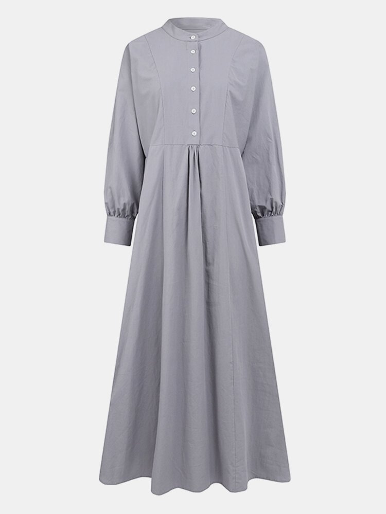 Solid Color Button Long Sleeve Stand Collar Maxi Dress