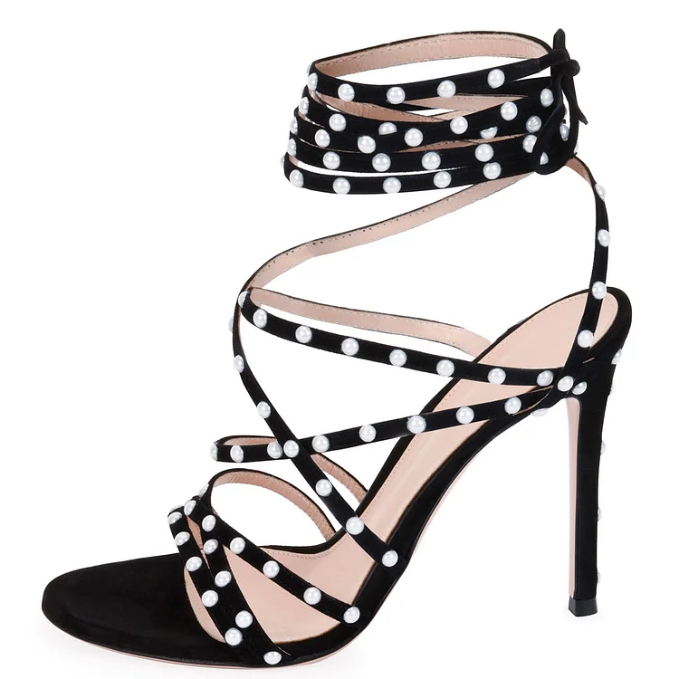 Black Pearl Stiletto Heel Strappy Sandals Vdcoo