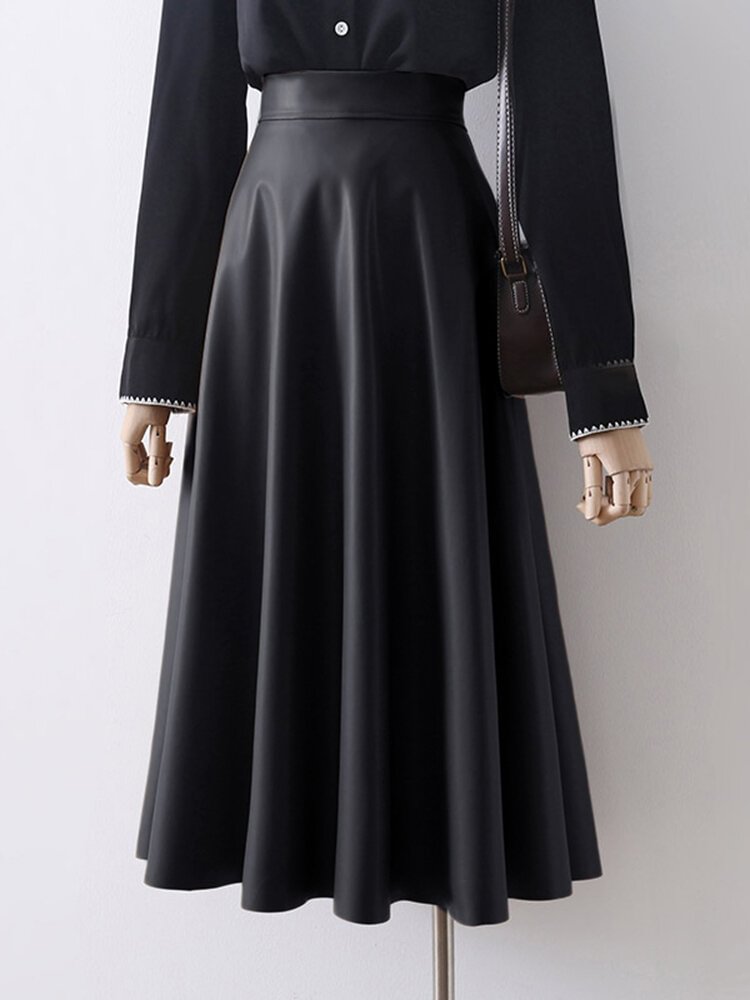 High Waist Solid A-line PU Leather Zip Back Women Skirt - Shop Trendy Women's Clothing | LoverChic