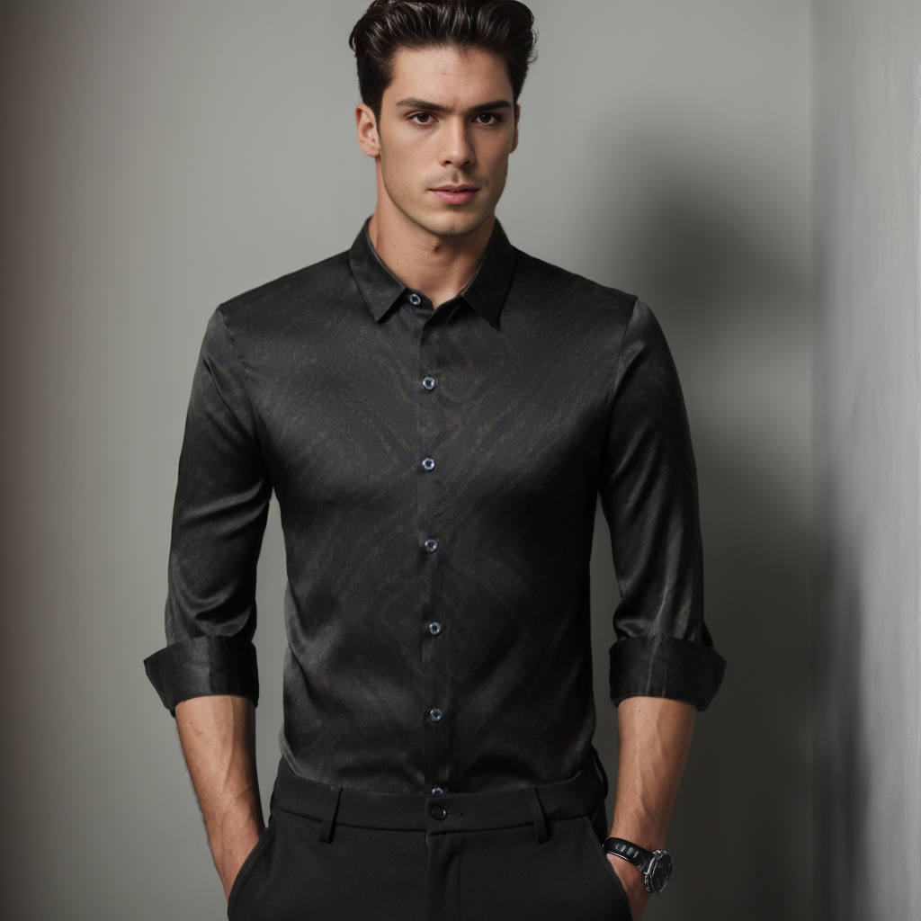Chemise boutonnée en soie noire sans repassage pour hommes manches longues- SOIE PLUS