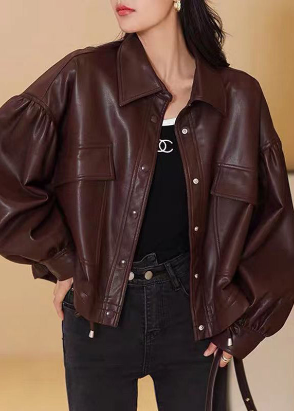 Jules Peterpan Collar Leather Jacket - Dark Brown main image 0