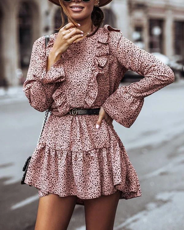Leopard Printed Long Sleeve Mni Dress