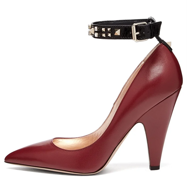 Burgundy Studs Cone Heel Ankle Strap Pumps |FSJ Shoes