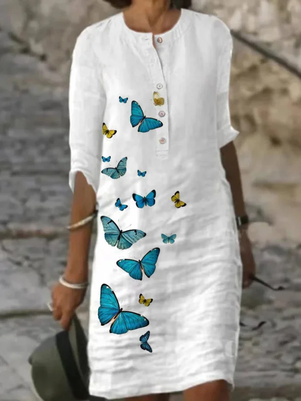 Butterfly Print Cotton linen Casual Dress
