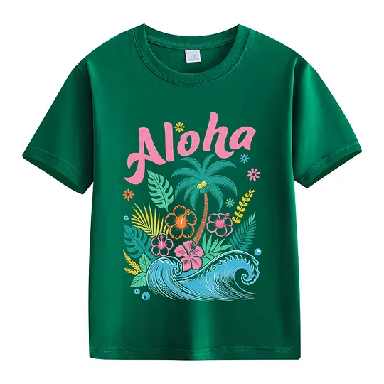 【2Y-13Y】Kids' “Aloha” Fresh Tropical & Hawaiian Style Cartoon Print T-Shirt