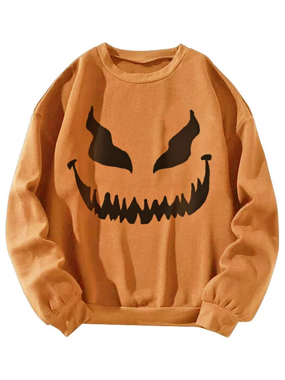 Men's Halloween Pumpkin Face Print Crew Neck Sweatshirt