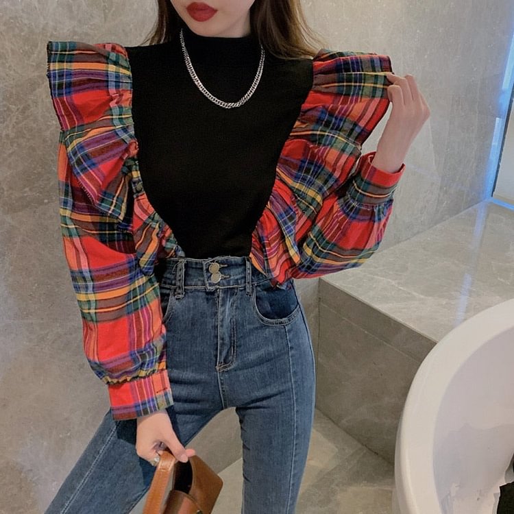 Vintage Patchwork Top Women Chic Turtleneck Contrast Color Plaid Tees Female All-match Fashion Tide Tops Spring 2021 - BlackFridayBuys