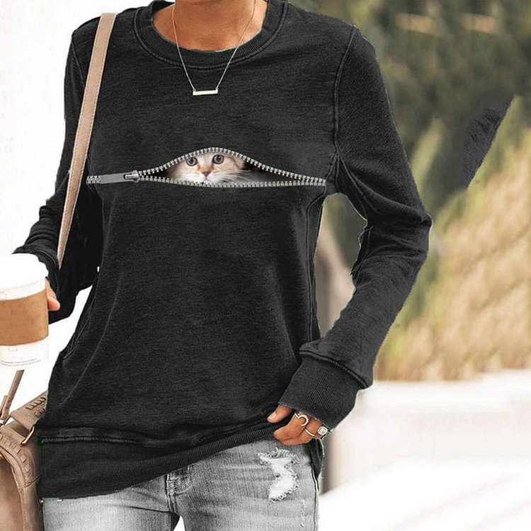 Comstylish Zipper Cat Print Round Neck Casual Sweatshirt