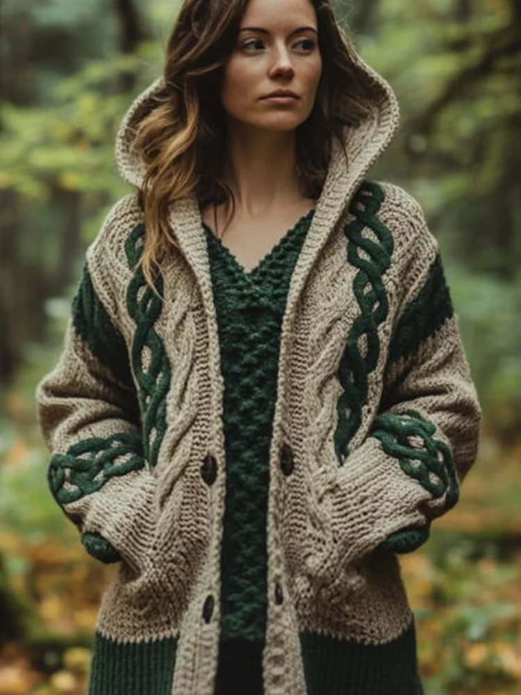 Women's Celtic Knot Vintage Cozy Knit Hooded Cardigan