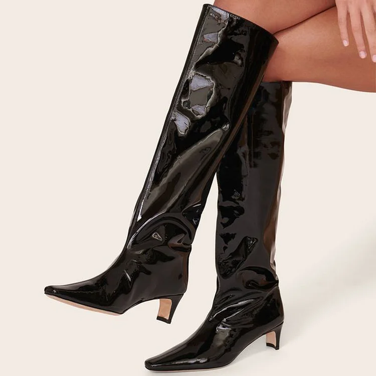 Black Pointed Toe Patent Boots Women'S Elegant Kitten Heel Knee High Boots |FSJ Shoes