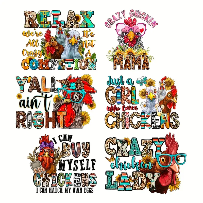 6pcs/pack Crazy Chicken Heat Transfer Patches, Vinyl Designs Iron On Transfers For T-Shirts, Heat Transfer Stickers For Clothes, Iron On Decals For Jackets Hoodies Bags-Guru-buzz