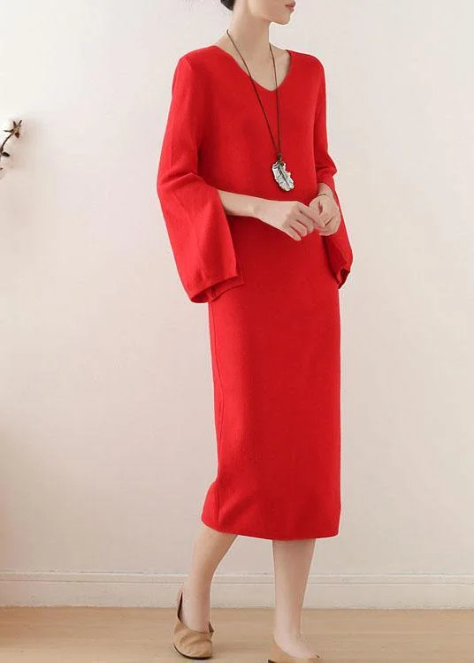 Simple Red V Neck Elegant Slim Fit Knitwear Dress