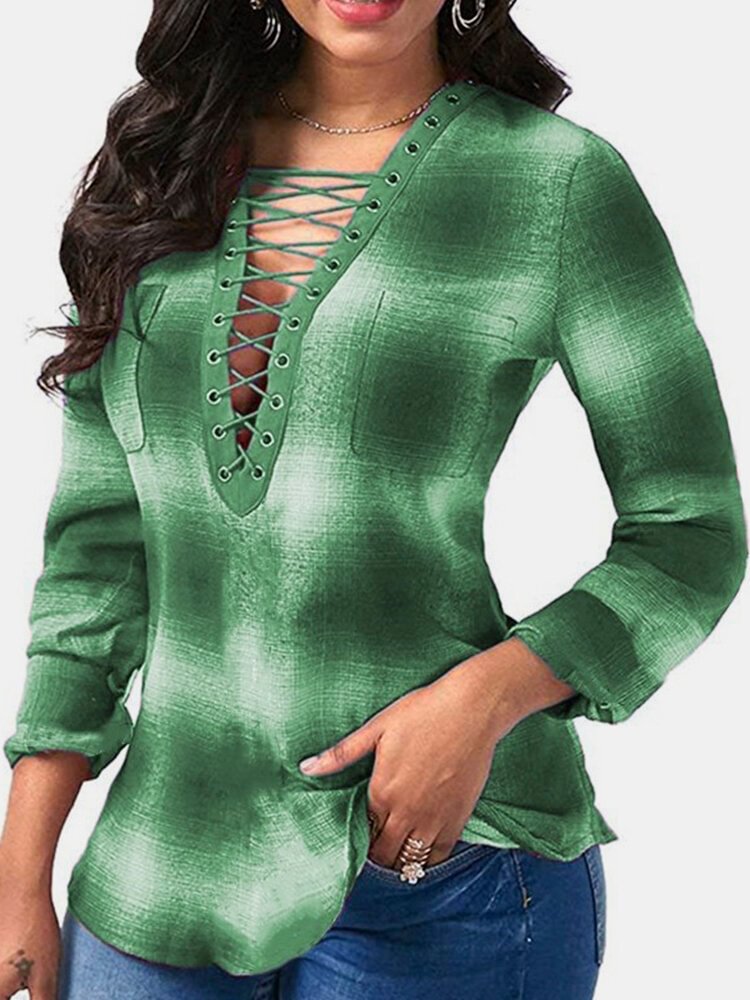 Tie Dye V neck Long Sleeve Casual Blouse For Women P1778400
