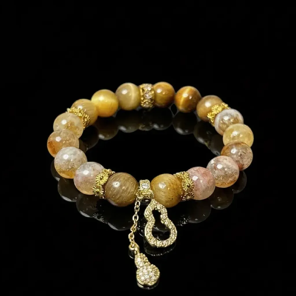 JiStones "Golden Radiance" Natural Tiger Eye & Citrine Crystal Bracelet with Sparkling Gourd Charm