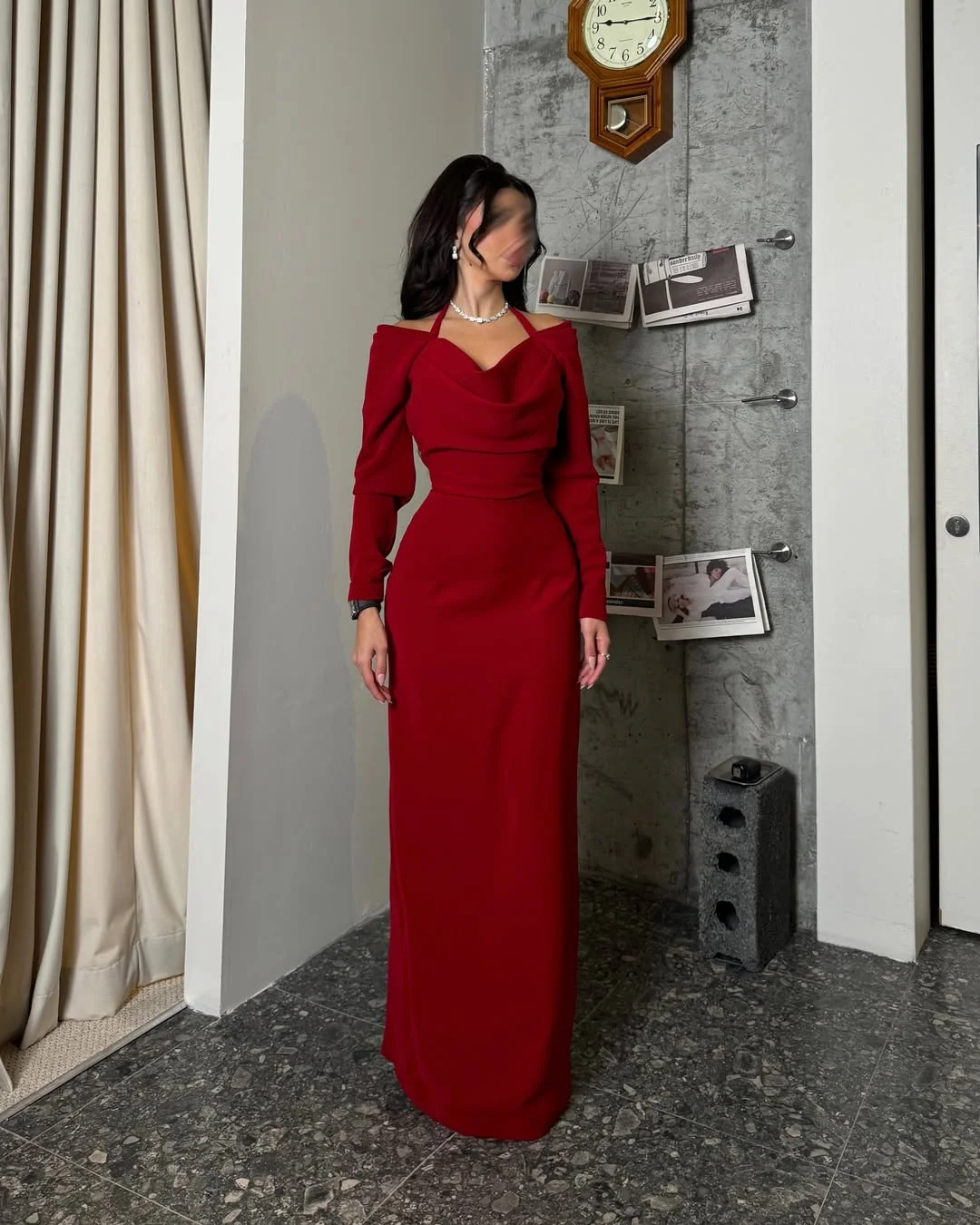 Burgundy Spandex Halter V-Neck Long Sleeves High-Waisted Long Sheath Prom Dress With Pleated | YK0634 Wellcucu