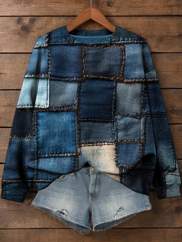 Women's Retro Denim Patchwork Print Casual Sweatshirt