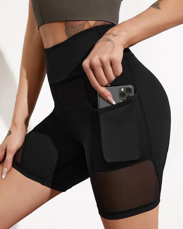 Mesh Insert Pocket Side Wide Waistband Sports Shorts - Shop Trendy Women's Clothing | LoverChic