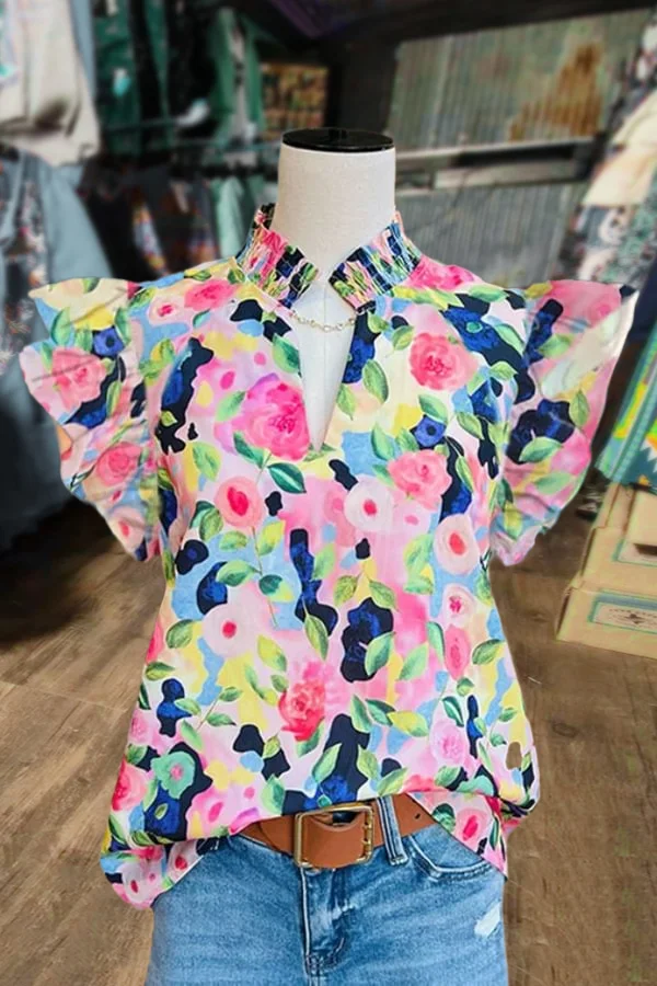 Floral Print V-Neck Ruffle Sleeve Top