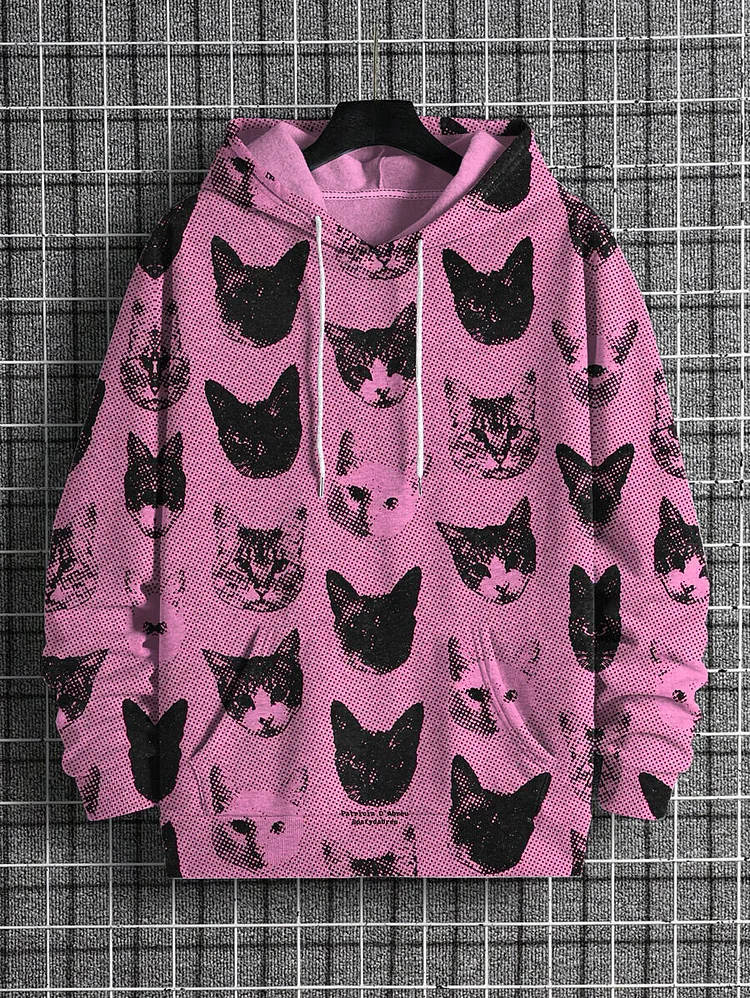 Men's Pink Punk Bobblehead Cat Print Casual Hoodie