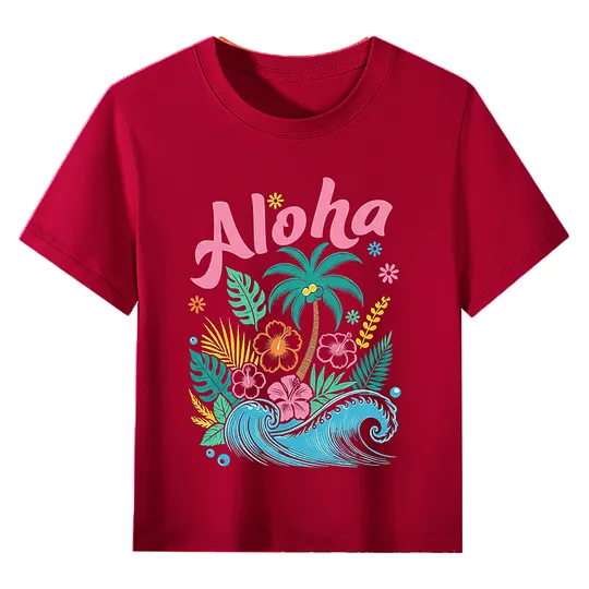 【2Y-13Y】Kids' “Aloha” Fresh Tropical & Hawaiian Style Cartoon Print T-Shirt