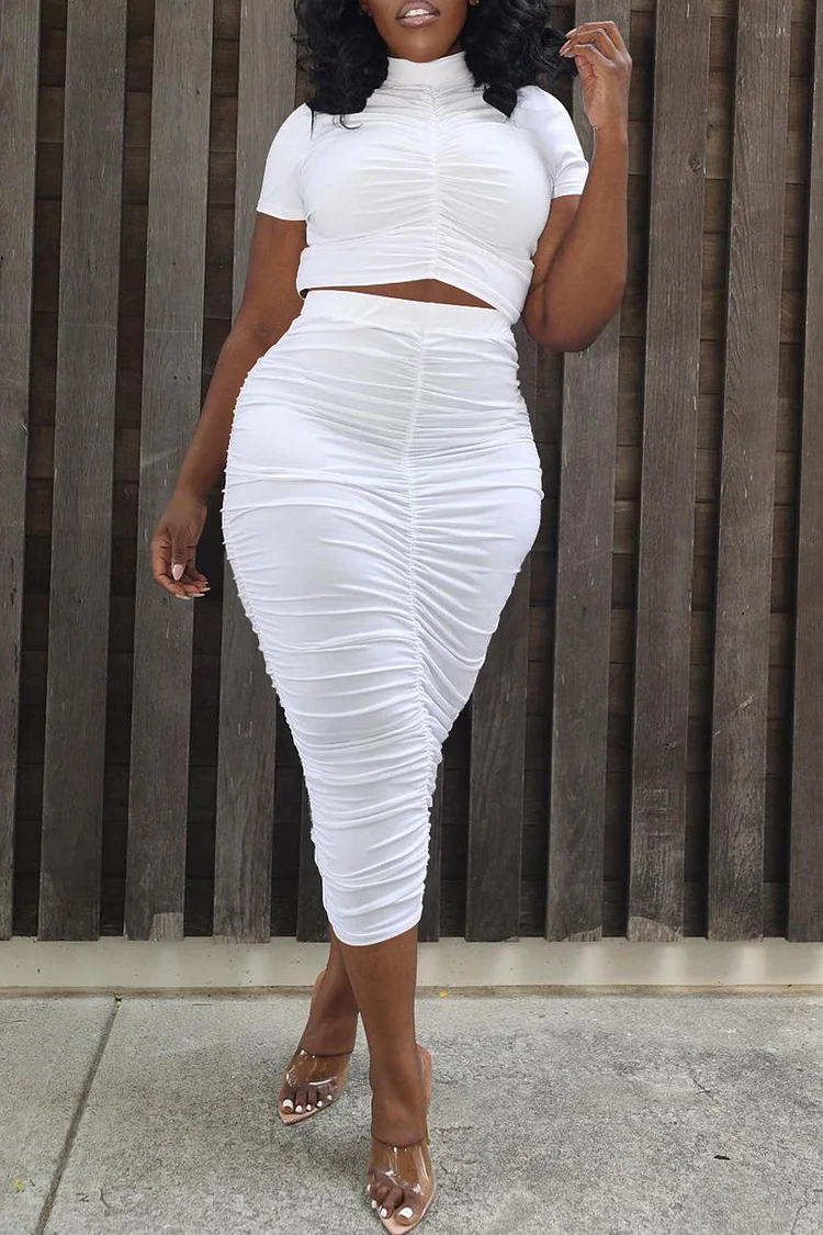 White Fashion Sexy Solid Fold Turtleneck Short Sleeve Two Pieces