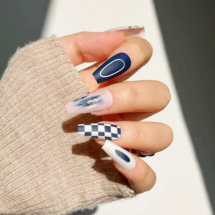 Wear Armor Advanced Blue and White Chessboard Grid Blooming Beauty Nail Tip Detachable Wear Armor Special Nail Tip Ultra-Thin Nail Tip