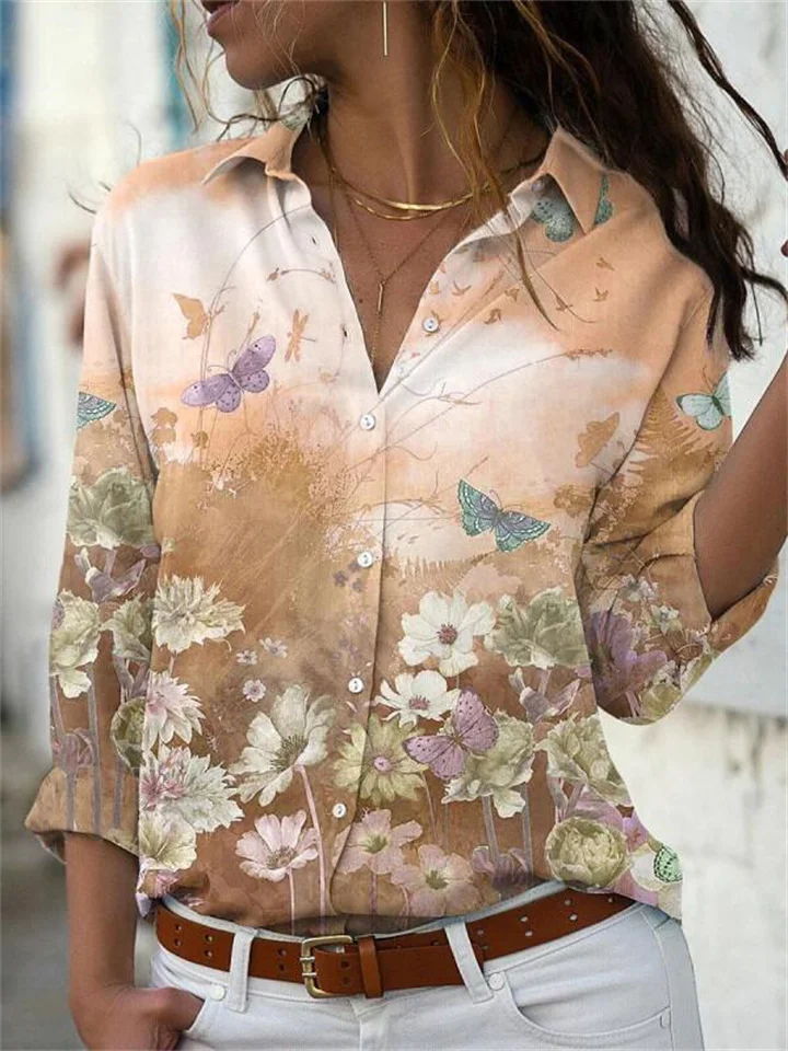 Spring and Summer Women's Shirts New Printing Long-sleeved Lapel Shirt Plus Size Shirt