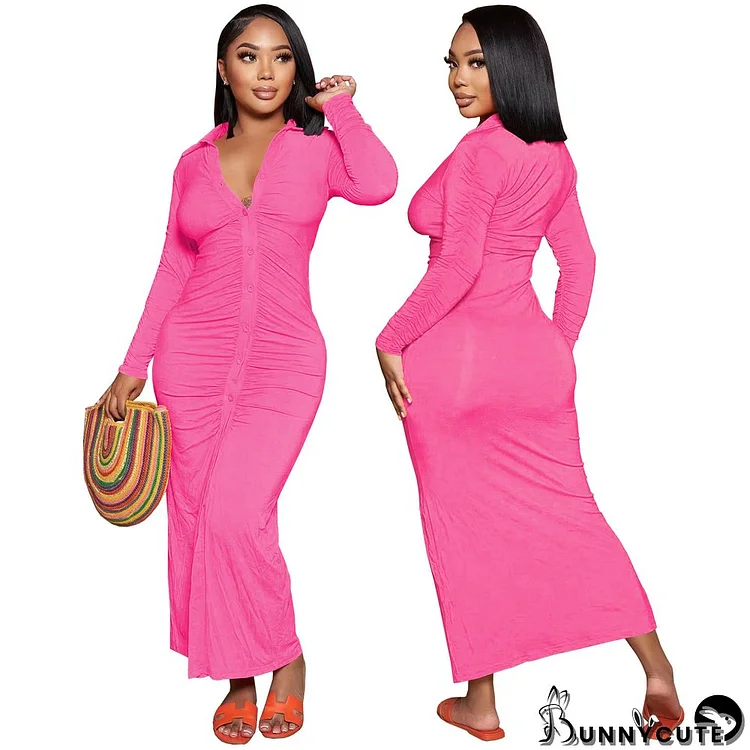 Women's Fall/Winter Ruched Solid Color Long Sleeve Sim Fitted Maxi Dress