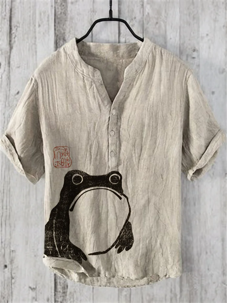 Frog Ancient Japanese Art Vintage Linen Blend Shirt